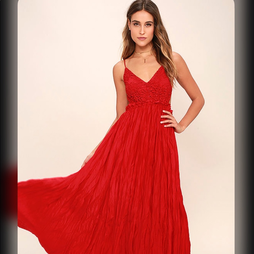 Lulus Snowy Meadow Crocheted red maxi dress